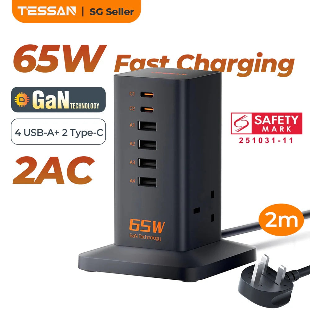 TESSAN - 65W GaN Charger Multiple Extension Cord Extension Tower with USB C Charging Station