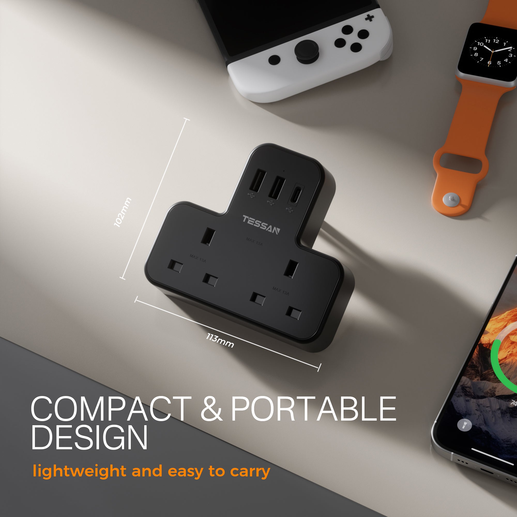 TESSAN - Safety Mark Socket Multi Plug Extension Wall Adapter with USB C , Black