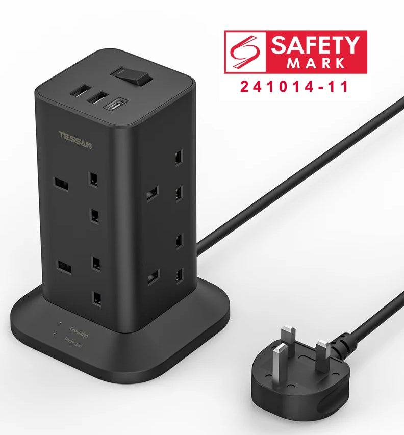 TESSAN - Black Tower 8 Sockets Outlet Plug Extension 3 Meters with 2 USB-A & 1 USB-C Ports
