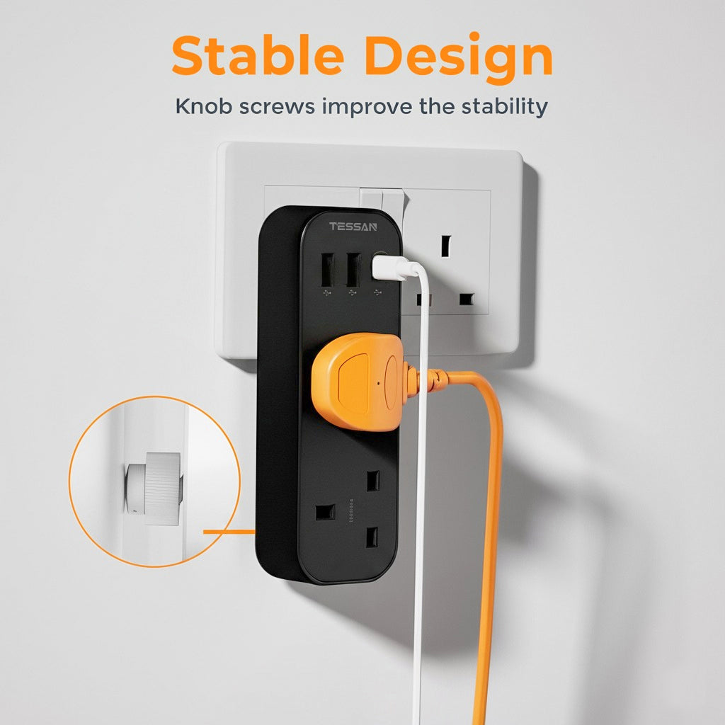 TESSAN - Vertical Socket Extension Double Plug Adaptor with 3 USB Slots , Black