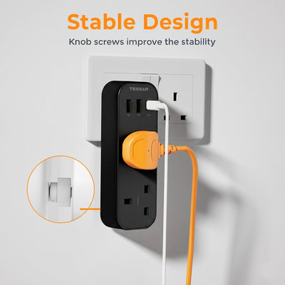TESSAN - Vertical Socket Extension Double Plug Adaptor with 3 USB Slots , Black