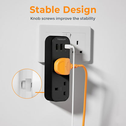 TESSAN - Vertical Socket Extension Double Plug Adaptor with 3 USB Slots , Black