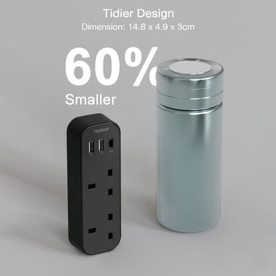 TESSAN - Vertical Socket Extension Double Plug Adaptor with 3 USB Slots , Black