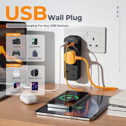 TESSAN - Vertical Socket Extension Double Plug Adaptor with 3 USB Slots , Black