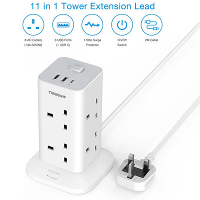 TESSAN - Extension Cord Tower 8 Ways Socket Outlet with 2 USB-A & 1 USB-C Ports