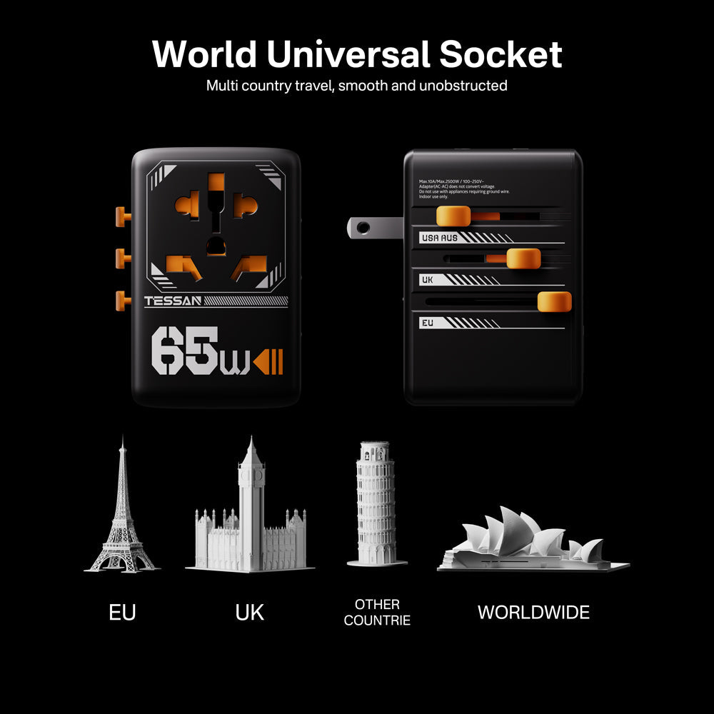 Universal 65W International Travel Adaptor with 2 USB C & 2 USB A Charging Ports