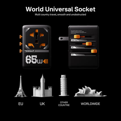 Universal 65W International Travel Adaptor with 2 USB C & 2 USB A Charging Ports