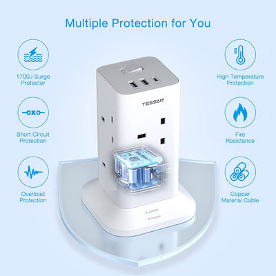 TESSAN - Extension Cord Tower 8 Ways Socket Outlet with 2 USB-A & 1 USB-C Ports