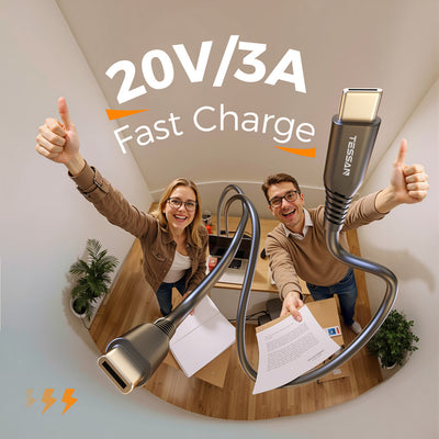 Tessan 60W USB Type C To Type C Cable 20V 3A Fast Charging Charger Cable 1M Super Fast Data Cable