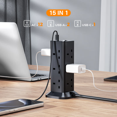 TESSAN - Black Socket Tower 12 Ways Outlet Extension Plug with Multi Plugs