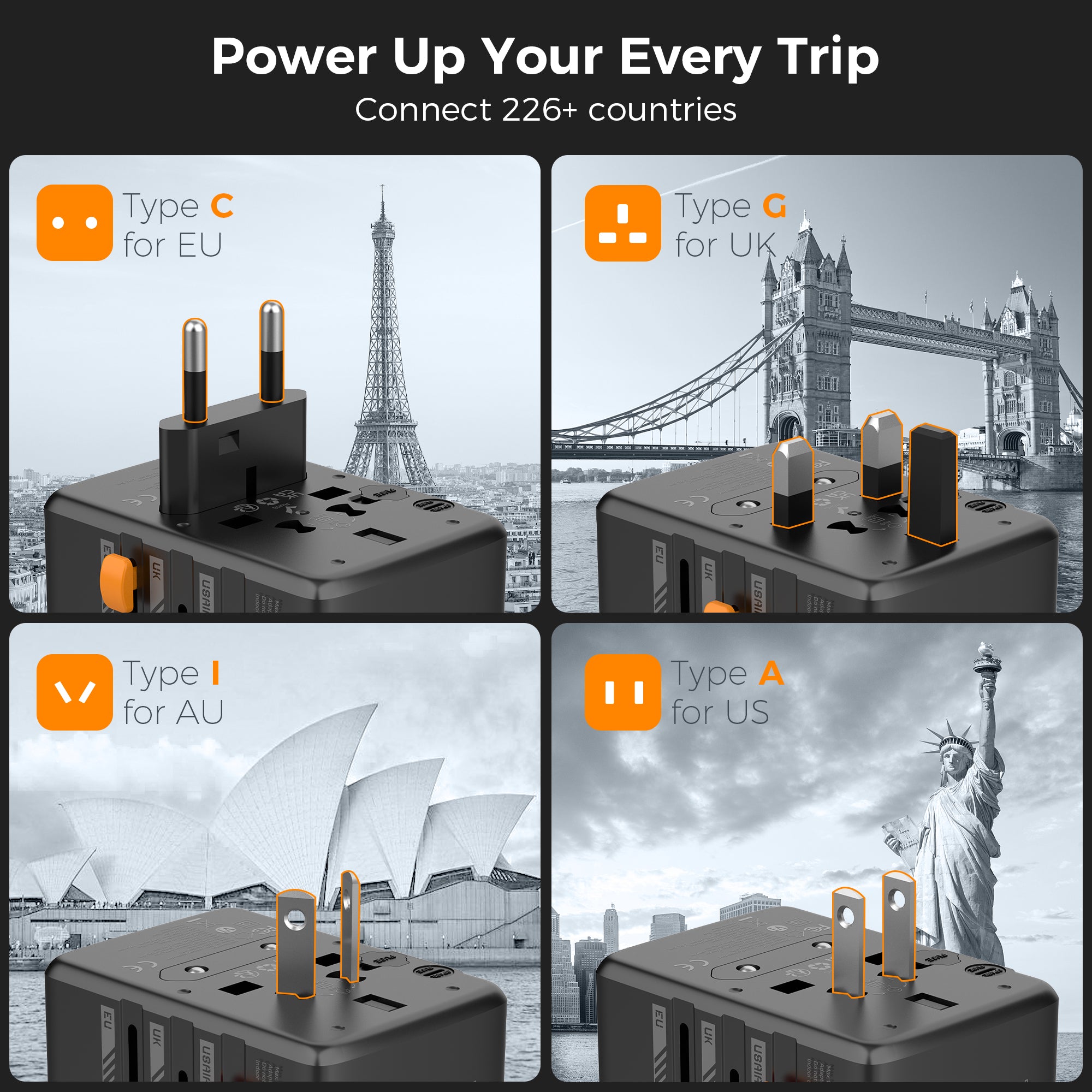 TESSAN - Universal 35W Travel Adaptor with 3 USB C & 2 USB Charging Ports