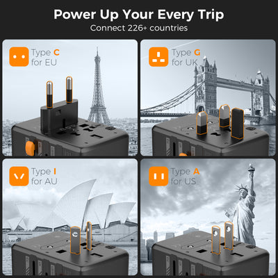 Universal 65W International Travel Adaptor with 2 USB C & 2 USB A Charging Ports