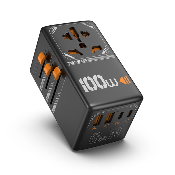 TESSAN - International 100W Fast Charging Adaptor with 2 USB C & 2 USB Charging Ports