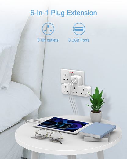 TESSAN - Extension Wall Plug with 3 AC Outlets , 3 USB-A Wall Adapter Charger