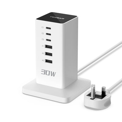 TESSAN - 30W Desktop Charging Station 6-Port Charging Hub With USB C for Multi Devices