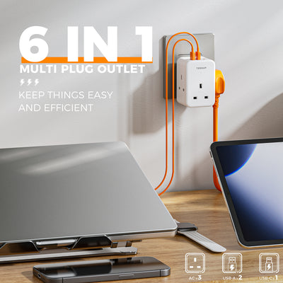 TESSAN - 3 Main Outlets Wall Socket Multi Plug Extension Wall Adapter with 2 USB and Type C
