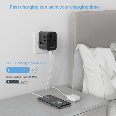 TESSAN - 17W Travel Charger Multi Plug Adaptor with 3 USB and 1 Type C / 633FC-BK