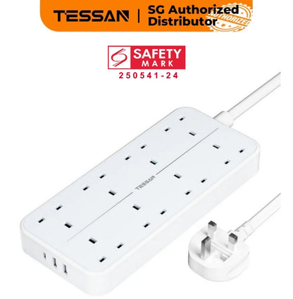 TESSAN - Power Strip 13A 8 Ways Outlet Socket Multi Plug Extension Leads UK Plug