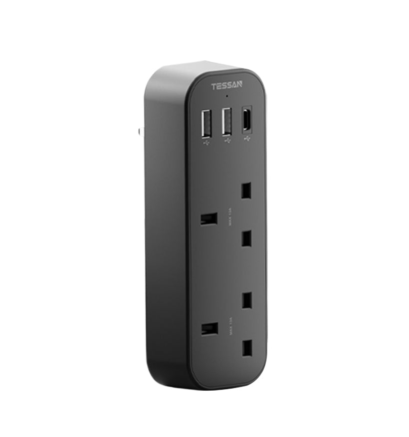 TESSAN - Vertical Socket Extension Double Plug Adaptor with 3 USB Slots / TS 222-C
