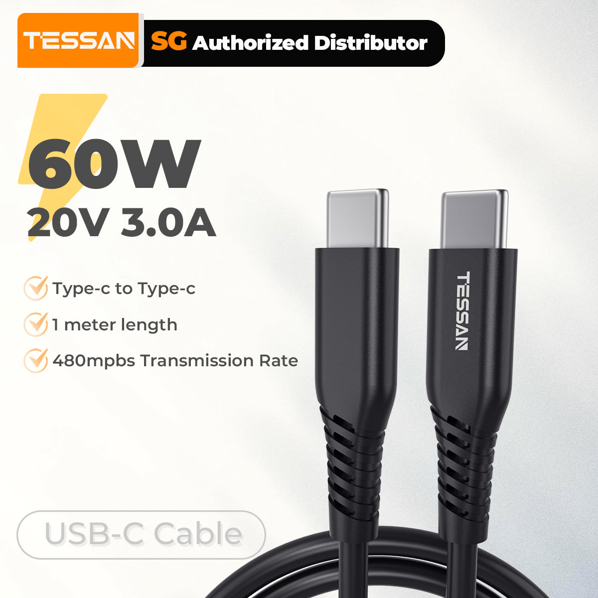 Tessan 60W USB Type C To Type C Cable 20V 3A Fast Charging Charger Cable 1M Super Fast Data Cable