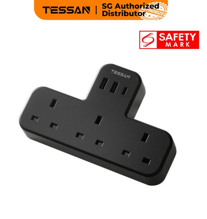 TESSAN - Safety Mark Extension Wall Plug with 3 AC Outlets , 2 USB-A and 1 USB-C Ports Black