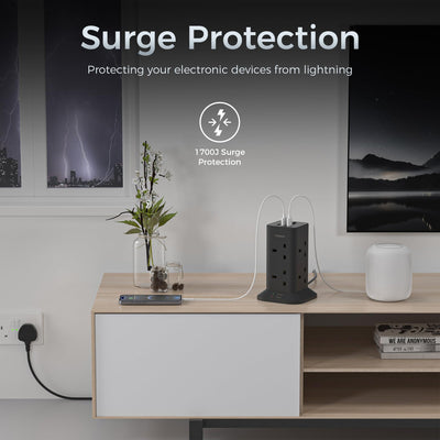 TESSAN - Black Tower 8 Sockets Outlet Plug Extension 3 Meters with 2 USB-A & 1 USB-C Ports