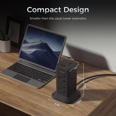 TESSAN - Black Tower 8 Sockets Outlet Plug Extension 3 Meters with 2 USB-A & 1 USB-C Ports