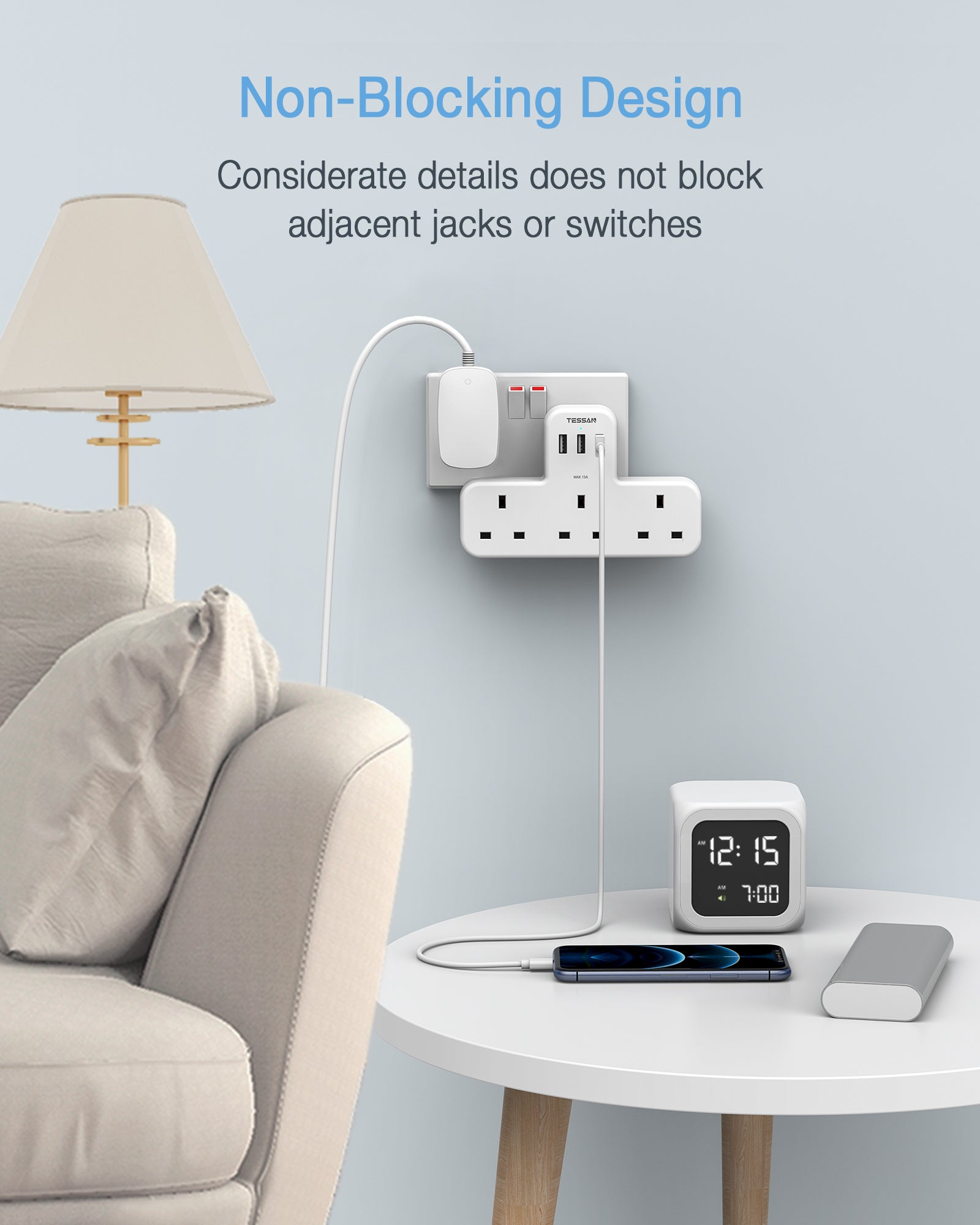 TESSAN - Extension Wall Plug with 3 AC Outlets , 3 USB-A Wall Adapter Charger