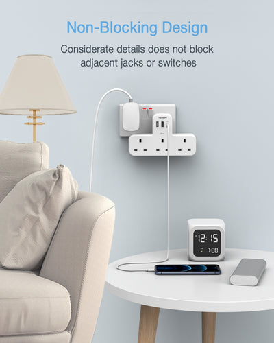TESSAN - Extension Wall Plug with 3 AC Outlets , 3 USB-A Wall Adapter Charger