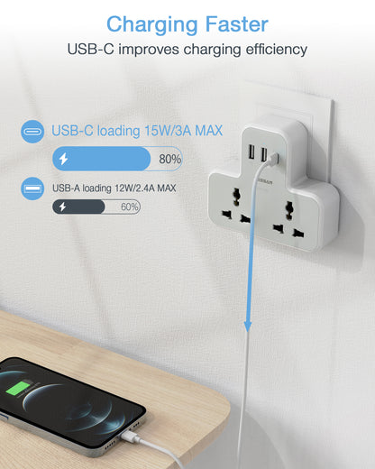 Tessan Universal Multi Plug Power Socket With USB C Charge Wall Adapter 2AC Socket Oulet Extension