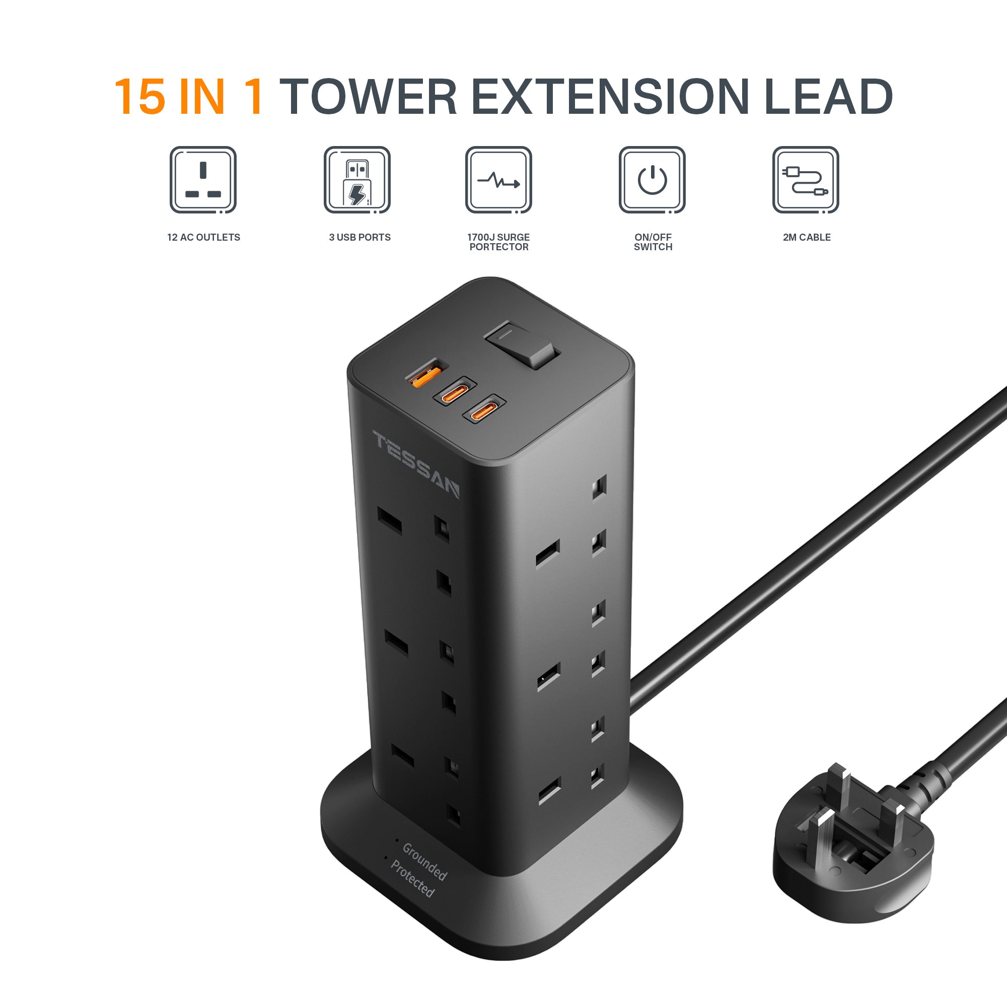 TESSAN - Fast Charging 20W Extension Tower 12 Outlets Extension Plug with 2 Type-C
