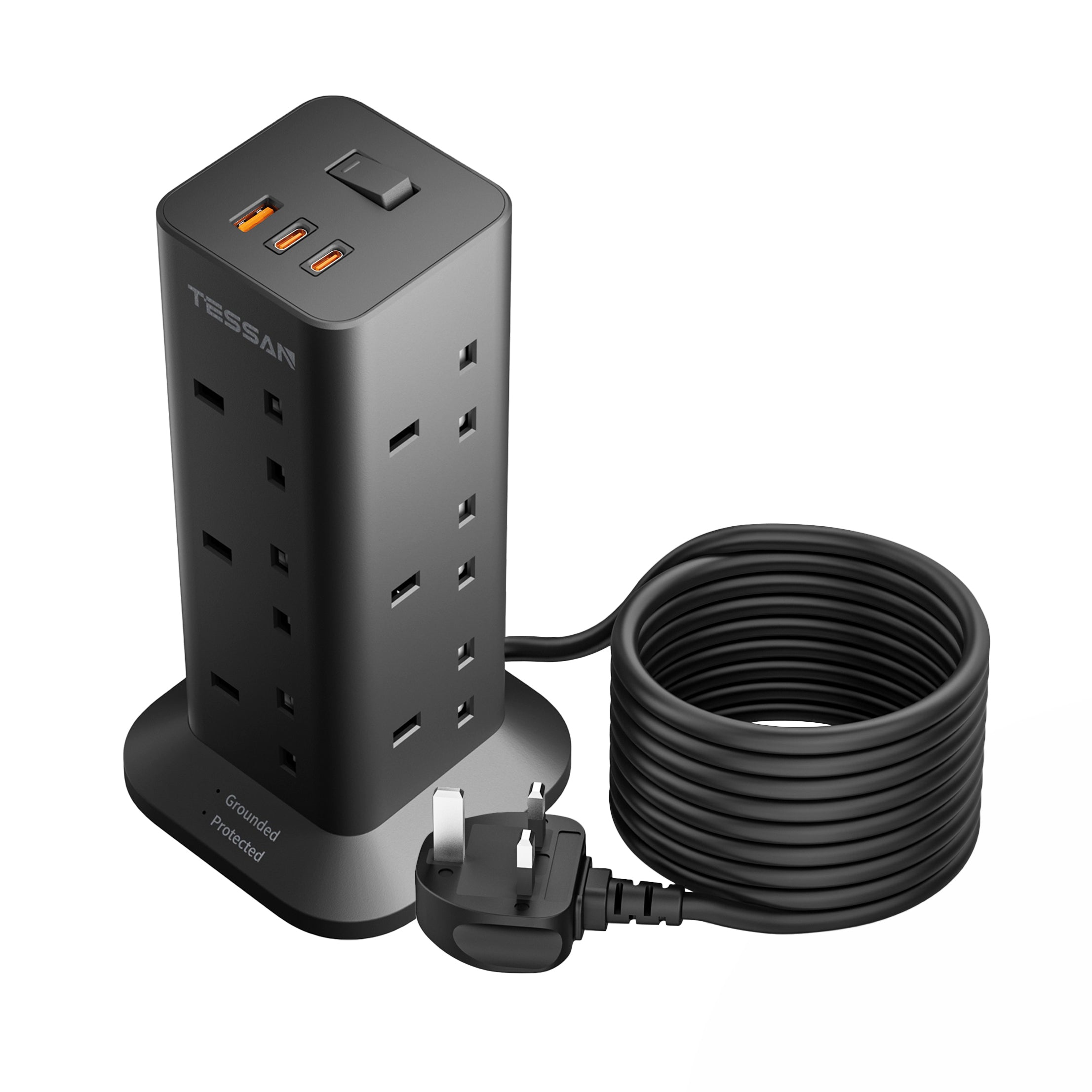 TESSAN - Fast Charging 20W Extension Tower 12 Outlets Extension Plug with 2 Type-C