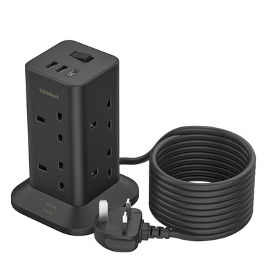 TESSAN - Black Tower 8 Sockets Outlet Plug Extension 3 Meters with 2 USB-A & 1 USB-C Ports / TP03-BK