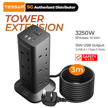 TESSAN - Black Socket Tower 12 Ways Outlet Extension Plug with Multi Plugs