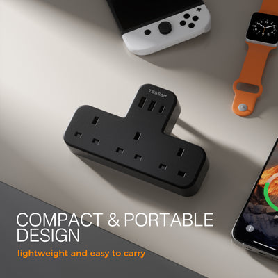 TESSAN - Safety Mark Extension Wall Plug with 3 AC Outlets , 2 USB-A and 1 USB-C Ports Black