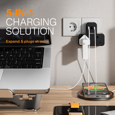 TESSAN - Safety Mark Socket Multi Plug Extension Wall Adapter with USB C , Black