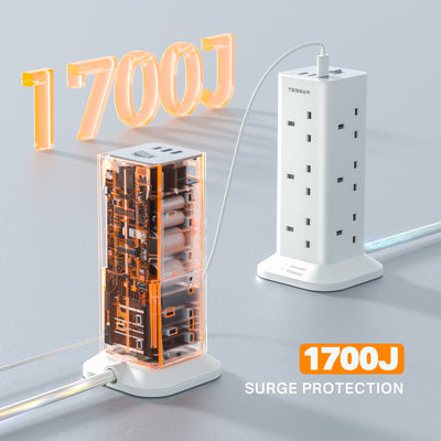 TESSAN - Extension Tower 12 Ways Socket Outlet Plug with 2 USB-A & 1 USB-C Ports - White