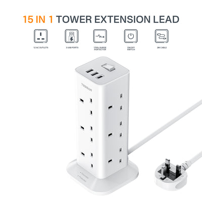 TESSAN - Extension Tower 12 Ways Socket Outlet Plug with 2 USB-A & 1 USB-C Ports - White