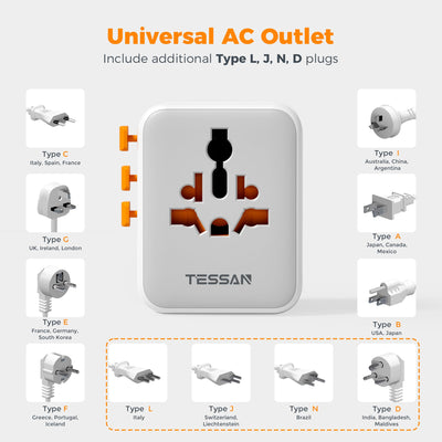 TESSAN - Universal 28W International Travel Adapter with 2 USB A & 3 C Ports