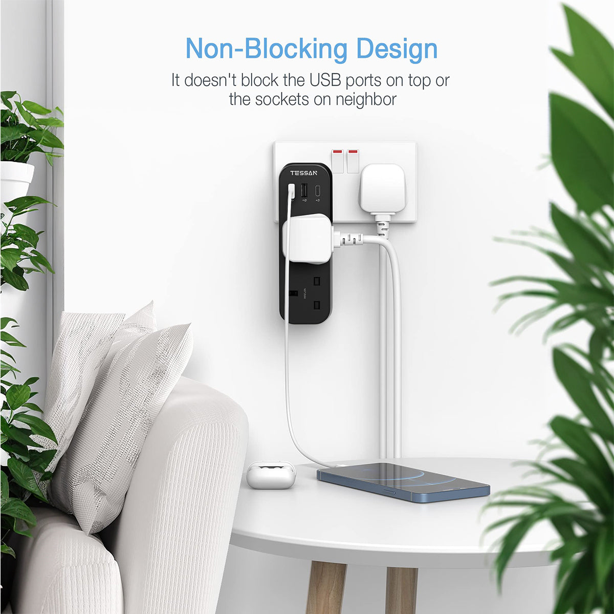 TESSAN - Vertical Socket Extension Double Plug Adaptor with 3 USB Slots , Black