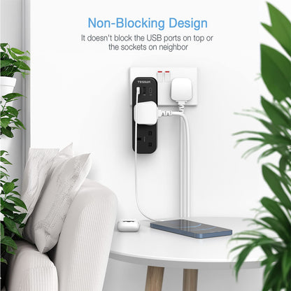 TESSAN - Vertical Socket Extension Double Plug Adaptor with 3 USB Slots , Black