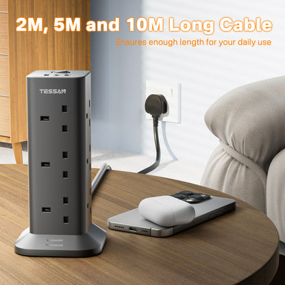 TESSAN - Fast Charging 20W Extension Tower 12 Outlets Extension Plug with 2 Type-C