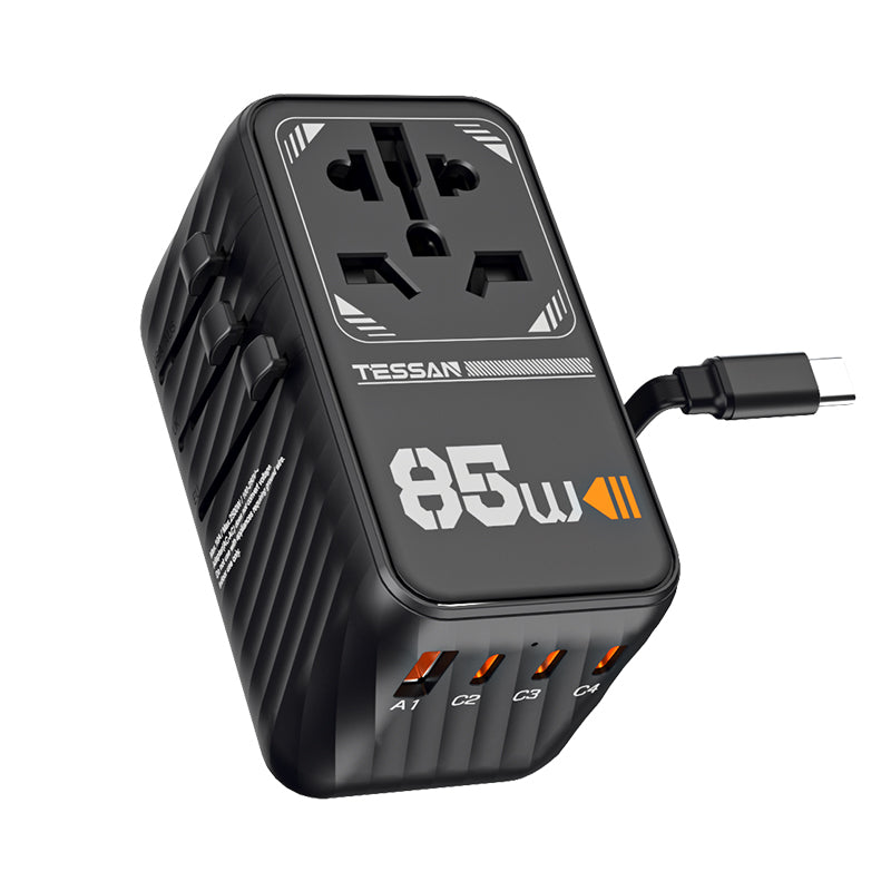 TESSAN - Universal 85W International Travel Adapter with Built-in USB-C 75cm Cable 1A4C