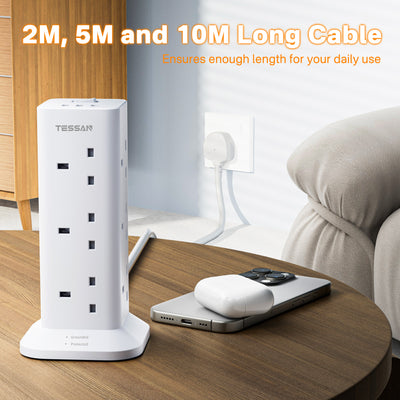 TESSAN - Extension Tower 12 Ways Socket Outlet Plug with 2 USB-A & 1 USB-C Ports - White