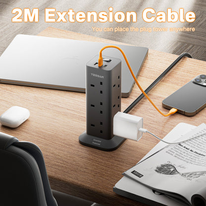 TESSAN - Fast Charging 20W Extension Tower 12 Outlets Extension Plug with 2 Type-C