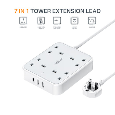 TESSAN - 4 Outlets Extension Cord 13A 4 Way Multi Plug Extension Leads with USB C / TS202-C