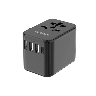 TESSAN - 17W Travel Charger Multi Plug Adaptor with 3 USB and 1 Type C / 633FC-BK