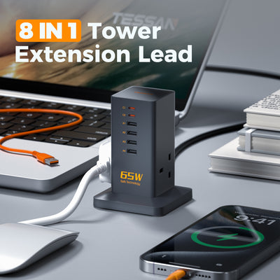 TESSAN - 65W GaN Charger Multiple Extension Cord Extension Tower with USB C Charging Station