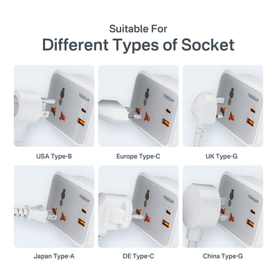 TESSAN - Wall Plug Socket Extender with USB-C Cable Universal Gang and 2 USB Ports