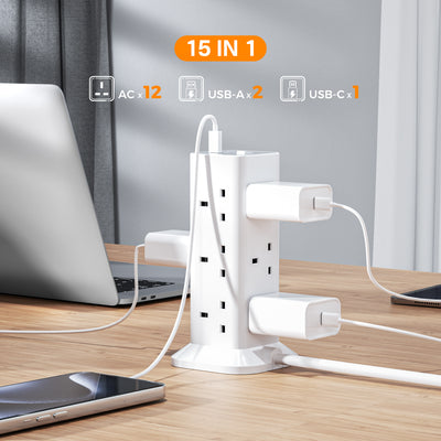 TESSAN - Extension Tower 12 Ways Socket Outlet Plug with 2 USB-A & 1 USB-C Ports - White